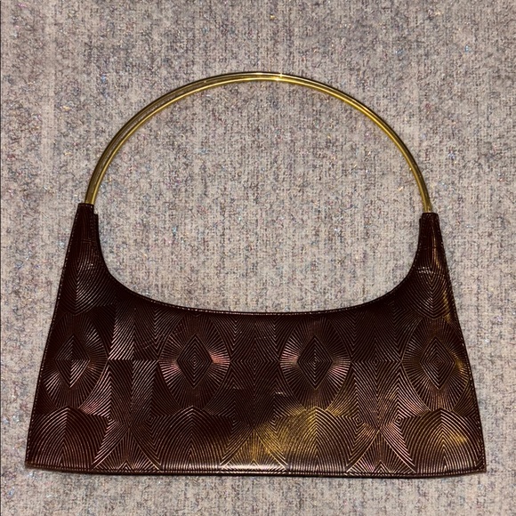 BCBGMaxAzria Handbags - BCBG Brown Clutch y2k  with Gold Handle and Crescent Shape
